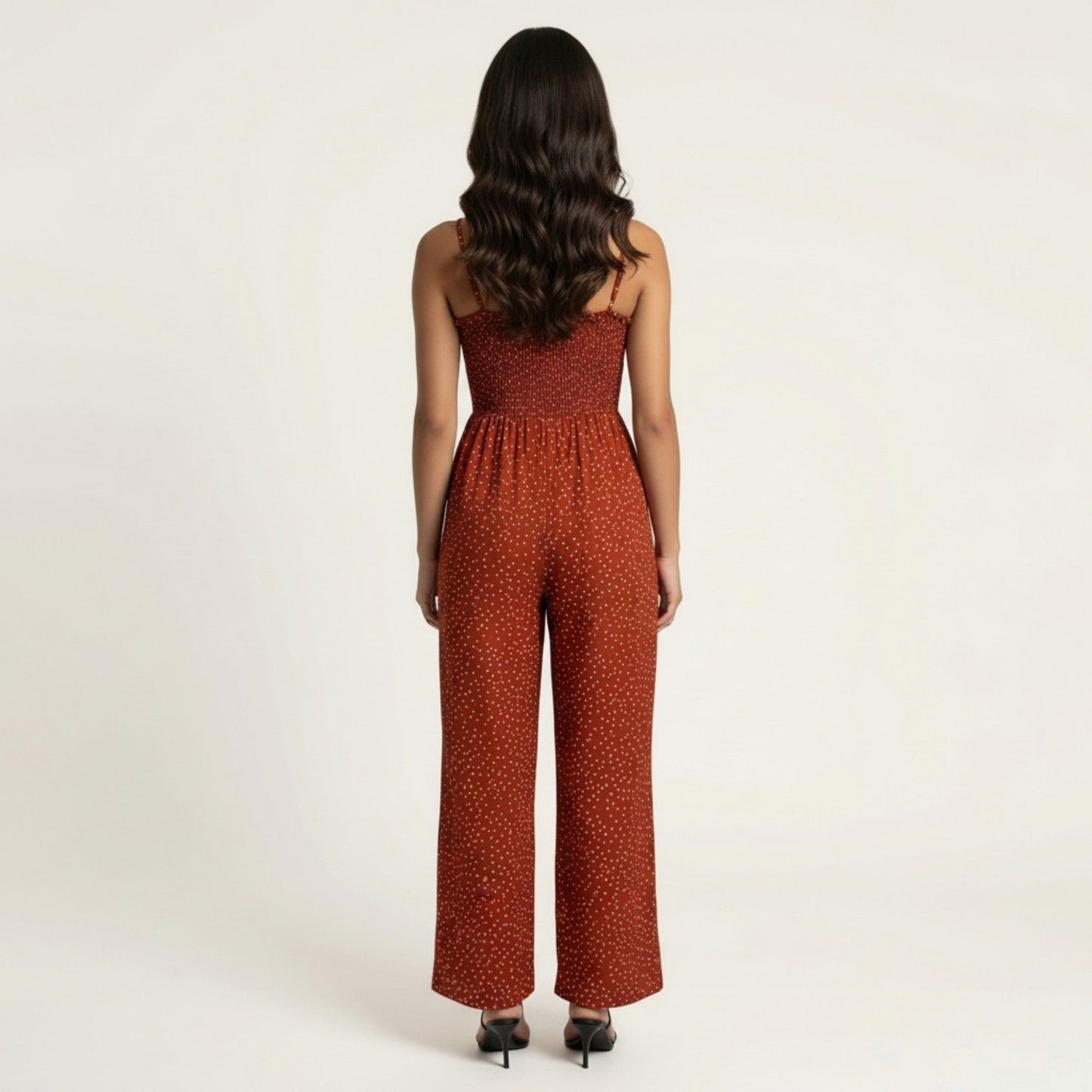 Sleeveless Polka Dot Wide Leg Jumpsuit with Spaghetti Straps Smocked Bodice Relaxed Fit