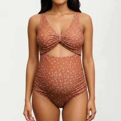 Polka Dot Print Cutout Maternity Swimsuit with Knot Front Detail
