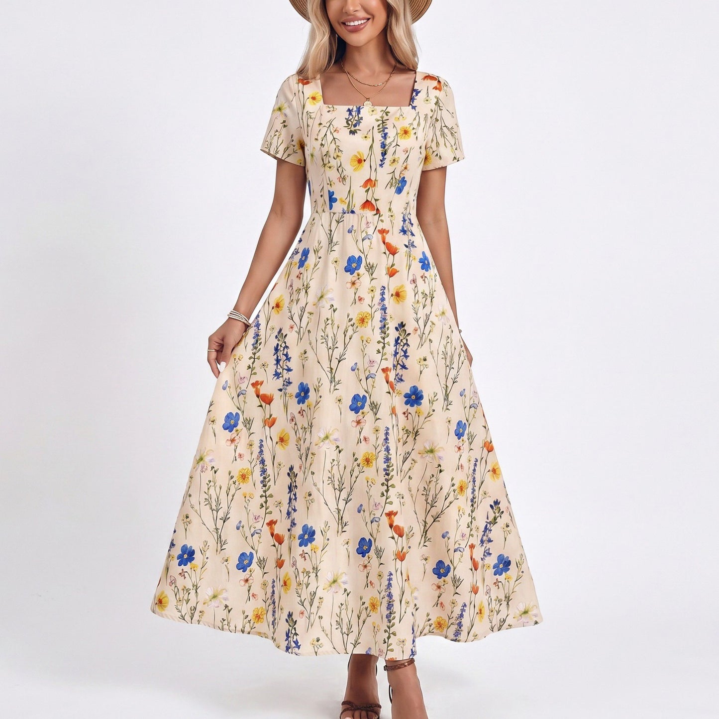Floral Maxi Dress Square Neck Short Sleeve A Line Button Front Dress
