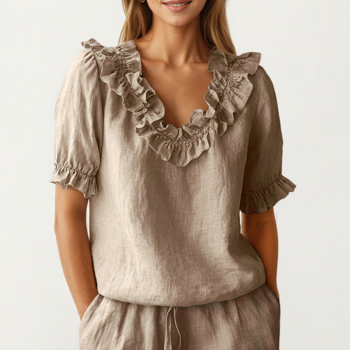 Ruffle Neck Blouse with Short Puff Sleeves and Textured Linen-Like Fabric