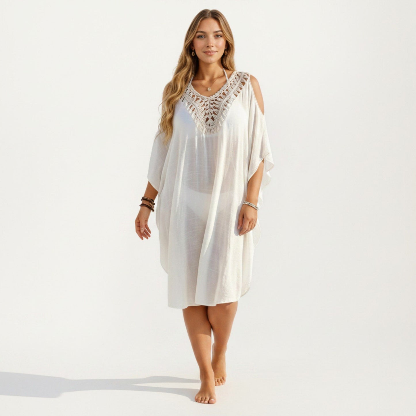 Crochet V Neck Swim Cover Up Dress with Cold Shoulder Sleeves and Relaxed Fit