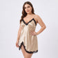 Plus Size Satin-Like Lace Trim Cami Nightgown with V-Neck Slim Straps Side Slit and Relaxed Fit
