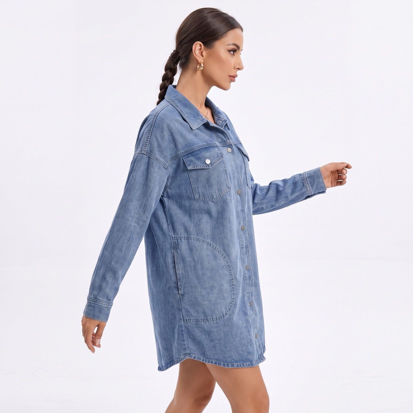 Washed Denim Shirt Jacket Long Sleeve Snap Front Oversized Shacket with Pockets
