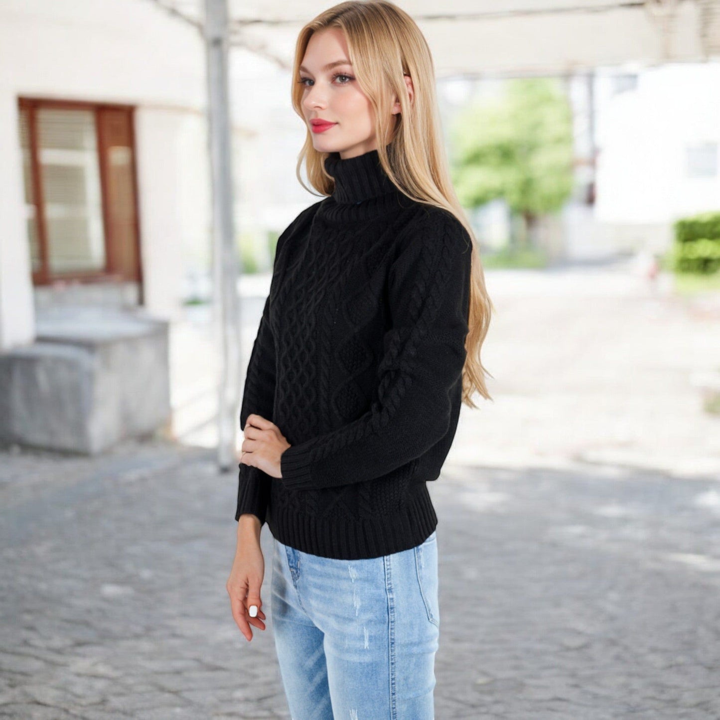 Long Sleeve Cable Knit Turtleneck Sweater