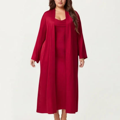 Plus Size 2-Piece Satin Nightgown Set with Long Sleeve Open Front Robe Sleeveless Slip Dress Sleepwear