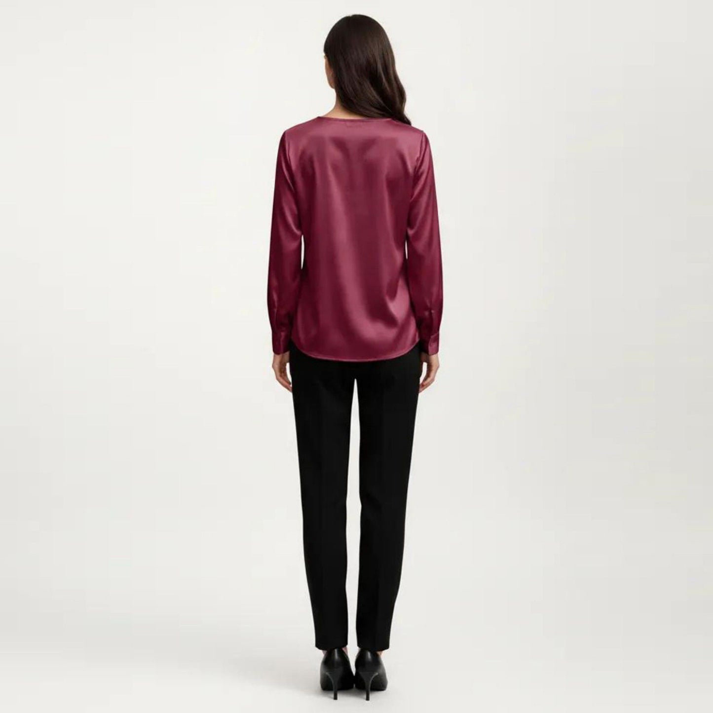 Satin V-Neck Blouse with Long Balloon Sleeves and Wide Cuffs