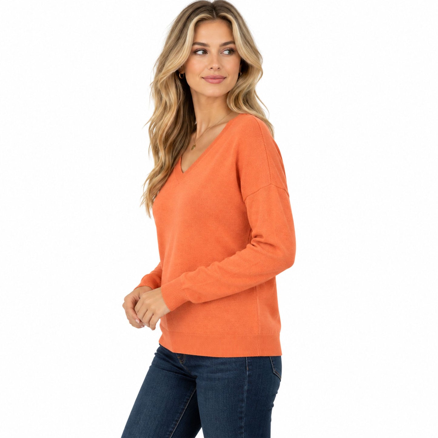 V Neck Relaxed Loose Long Sleeve Casual Knit Pullover Sweater