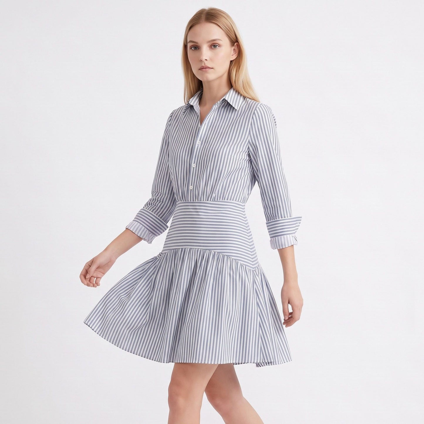 Striped Long Sleeve Collared Shirt Dress with Drop Waist