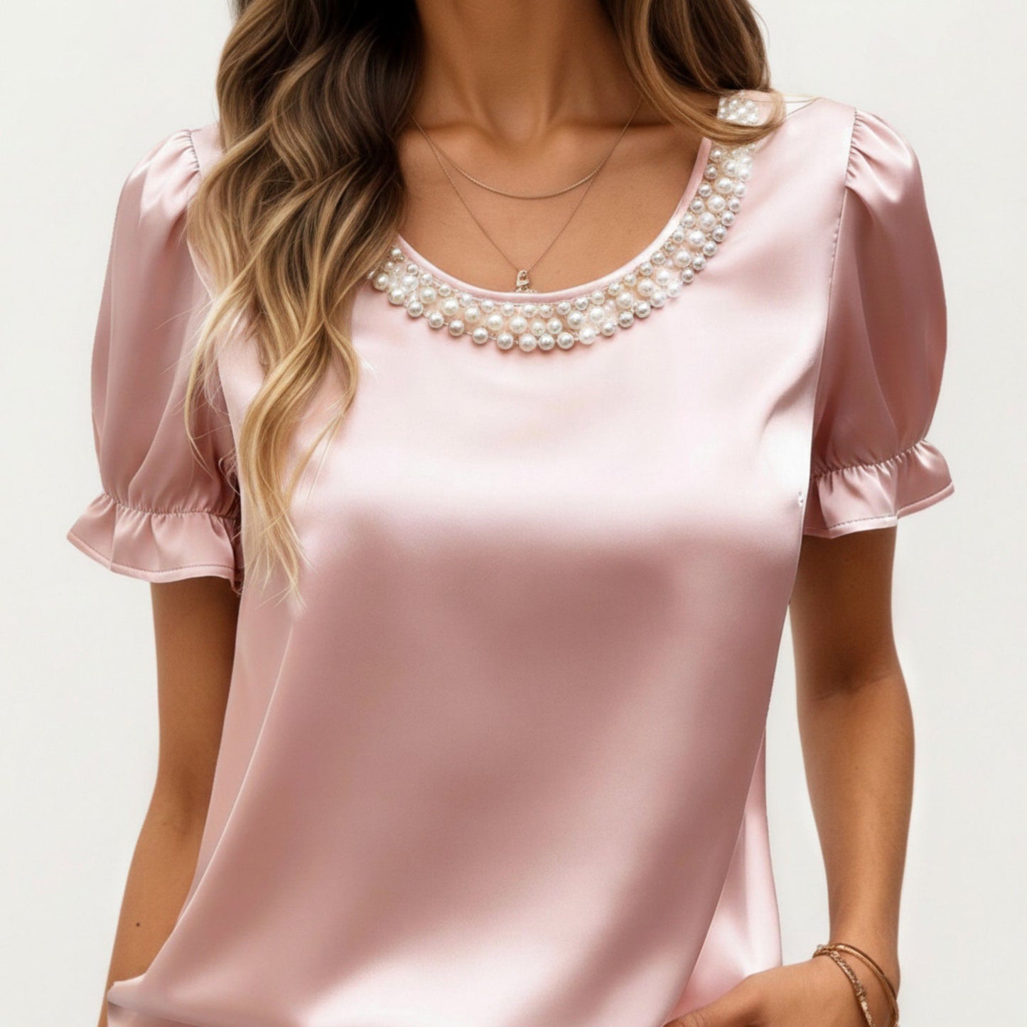 Satin Faux Pearl Neck Top with Puff Sleeves and Smooth Draped Finish