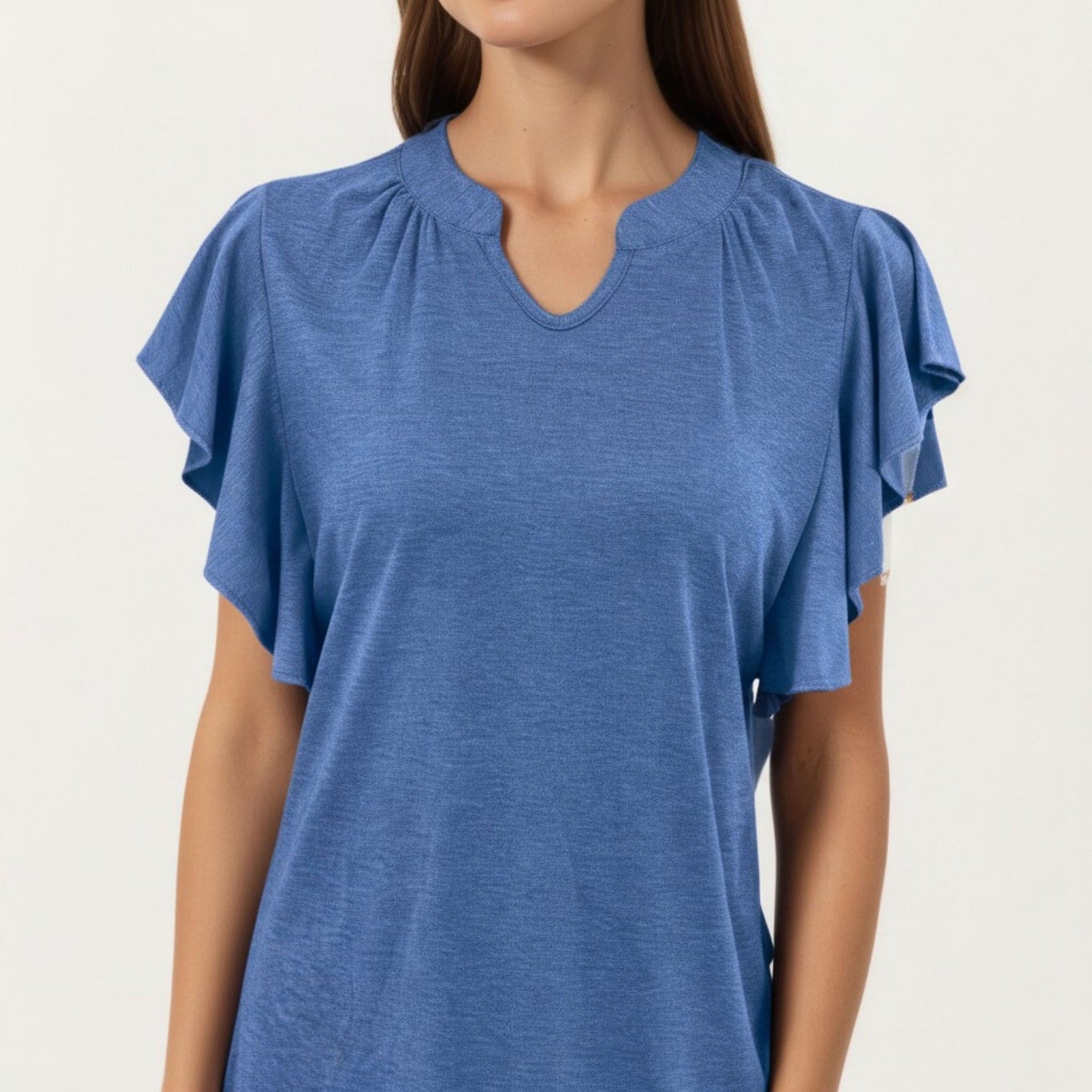 Short Sleeve Top with Flutter Ruffle Sleeves and Split V Neck Relaxed Fit Casual Shirt
