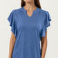 Short Sleeve Top with Flutter Ruffle Sleeves and Split V Neck Relaxed Fit Casual Shirt