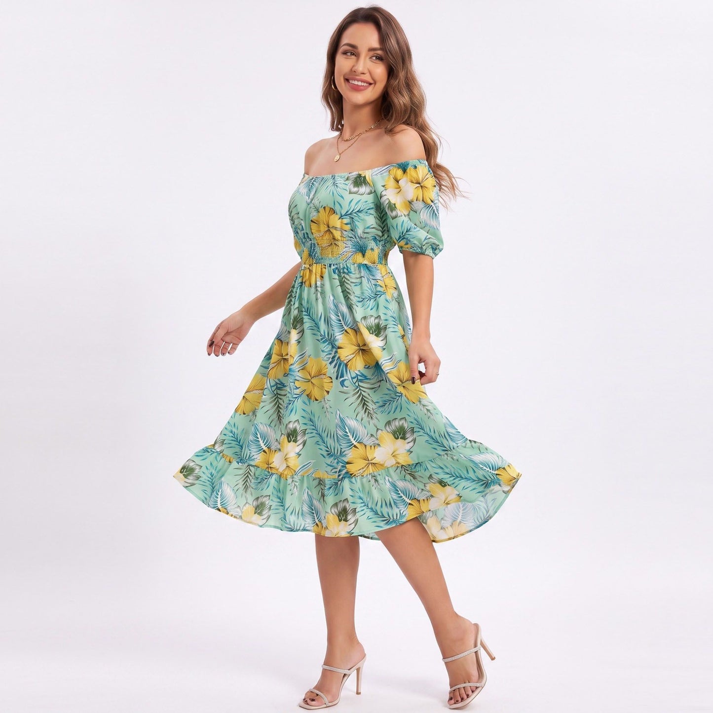 Tropical Floral Square Neck Smocked Waist Midi Dress