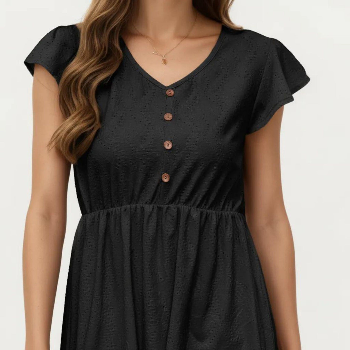 Eyelet Babydoll Top with V-Neckline Button Front and Flutter Sleeves