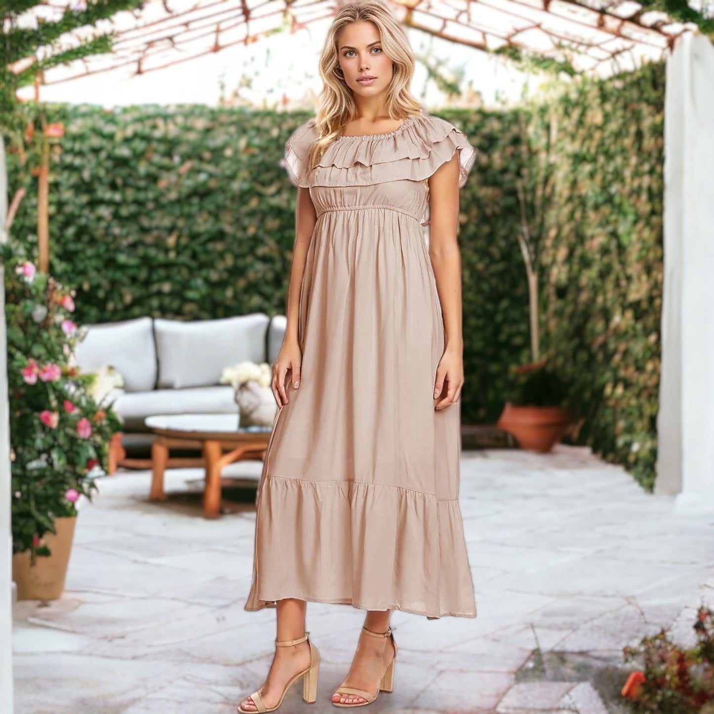 Off Shoulder Double Ruffle Elastic Waist Maxi Flared Dress