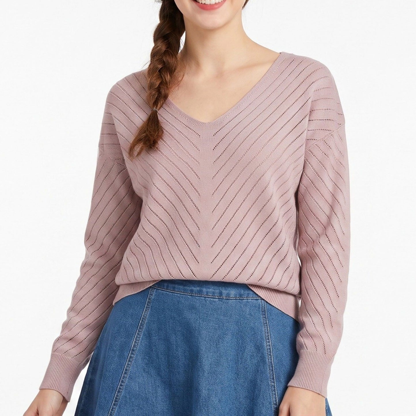 V-Neck Chevron Pointelle Knit Long Sleeve Sweater
