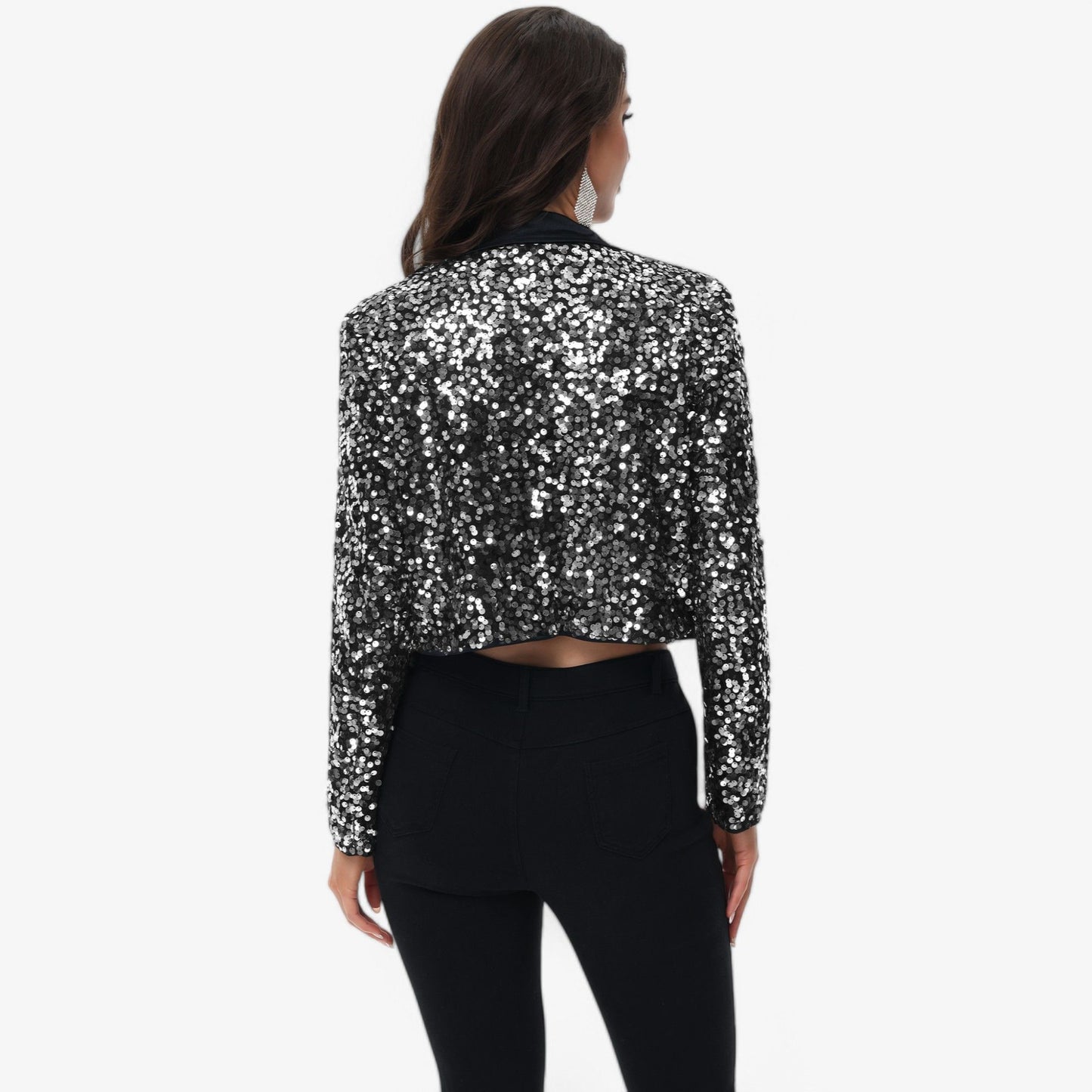 Sequin Cropped Blazer Long Sleeve Sparkly Open Front Jacket