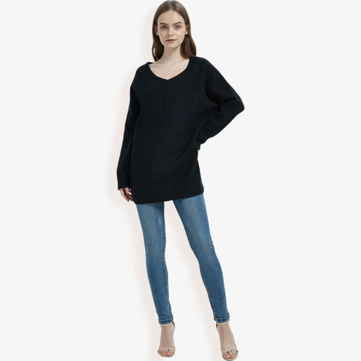 Oversized V-Neck Fleece Tunic Sweater Long Sleeve Cozy Top