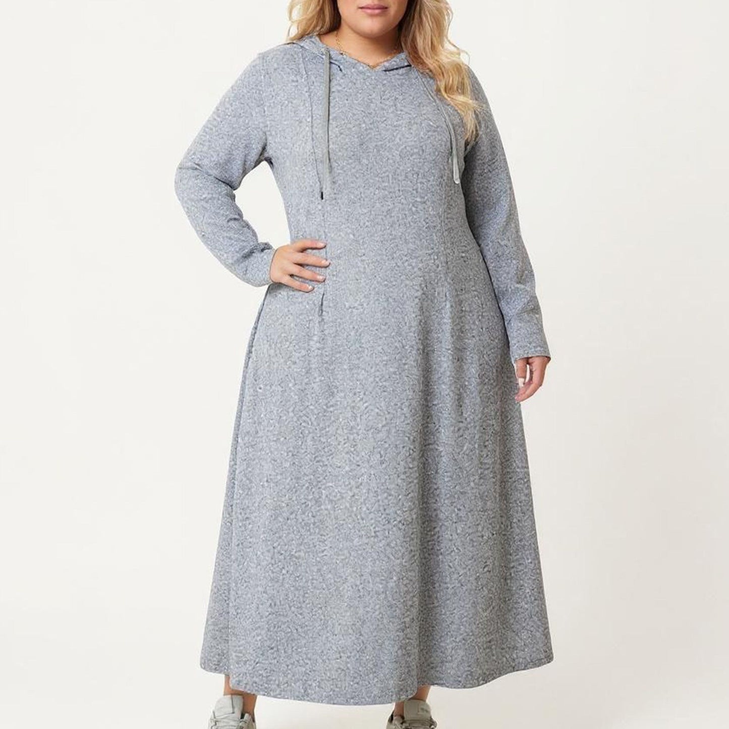 Plus Size Long Sleeve Hooded Maxi Dress with Relaxed Fit Silhouette and Soft Flowy Hem