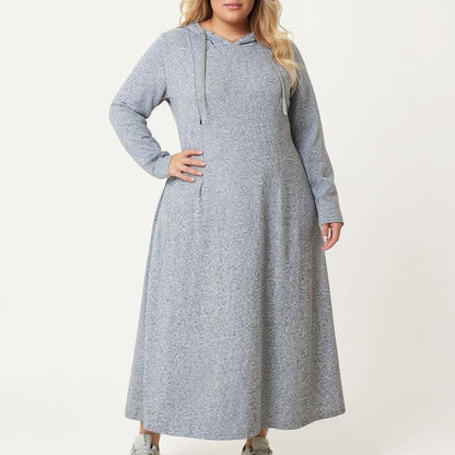 Plus Size Long Sleeve Hooded Maxi Dress with Relaxed Fit Silhouette and Soft Flowy Hem