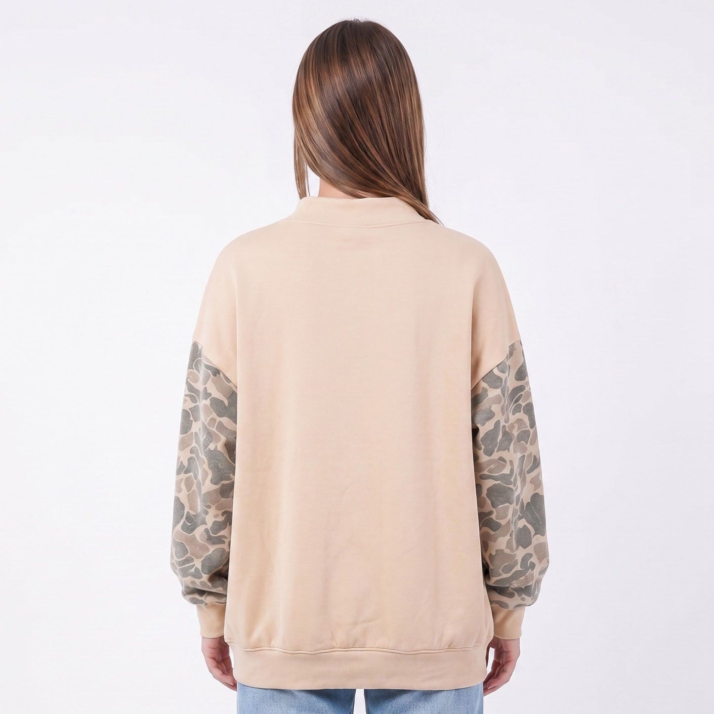 Camo Sleeve Mock Neck Long Sleeve Pullover Sweatshirt
