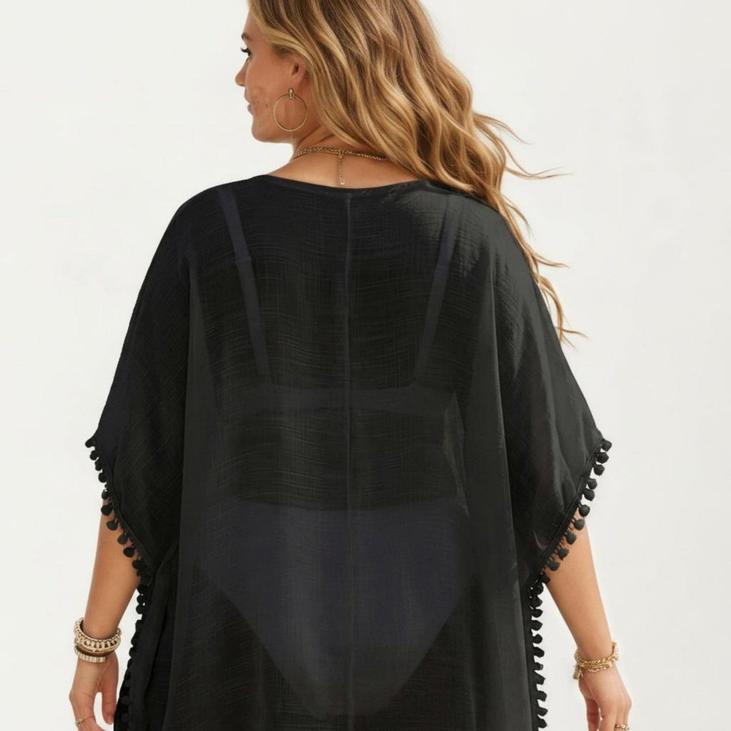Swim Cover Up Dress with Crochet Cutout Neckline Pom Trim Hem Loose Short Sleeves Relaxed Fit