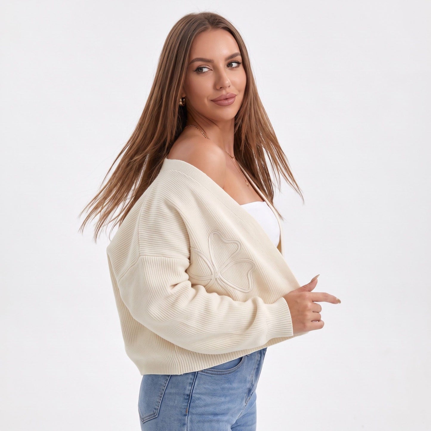 Butterfly Applique Open Front Cropped Cardigan Sweater