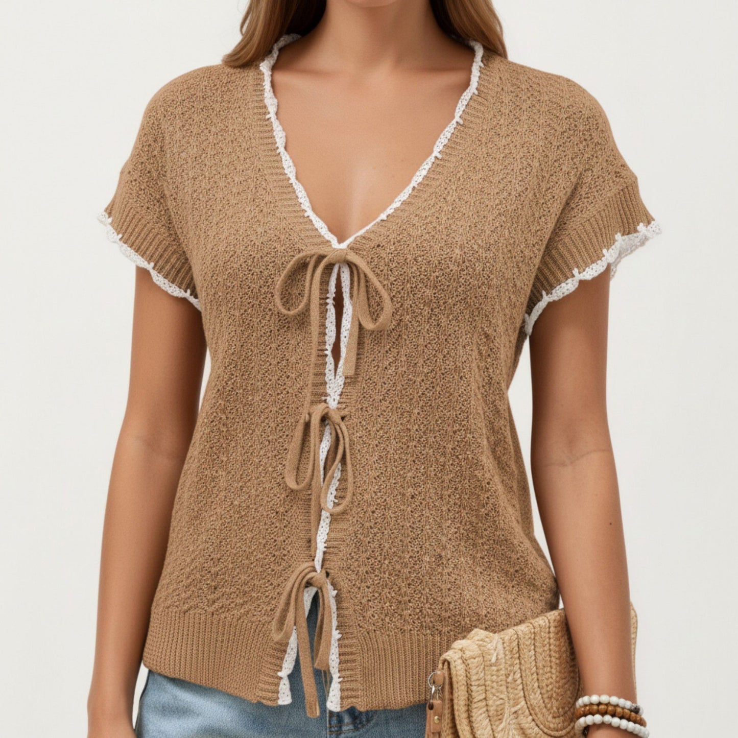 Short Sleeve Knit Cardigan Top with V-Neck Tie Front and Contrast Trim