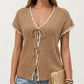 Short Sleeve Knit Cardigan Top with V-Neck Tie Front and Contrast Trim