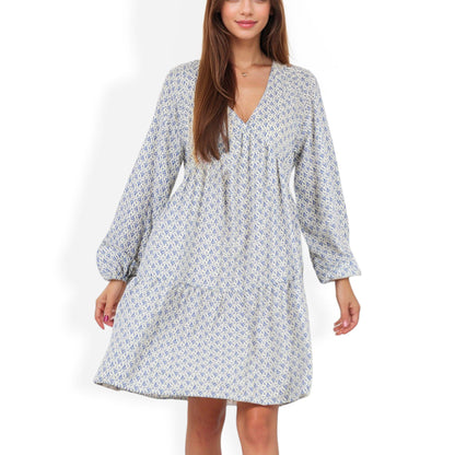 Long Sleeve V-Neck Boho Print Dress with Gathered Waist