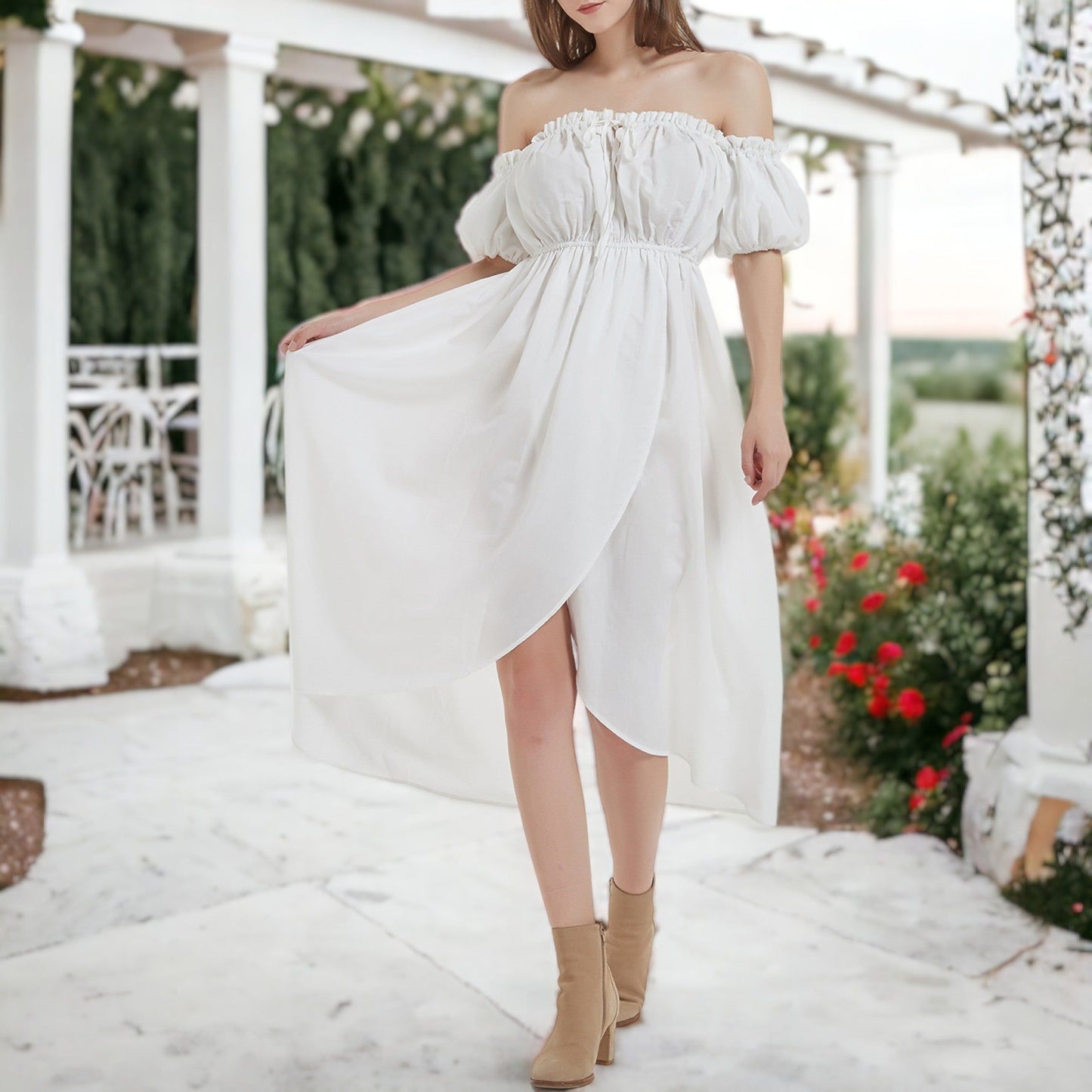 Casual Boho Lantern Sleeve Off Shoulder Fairy Midi Dress