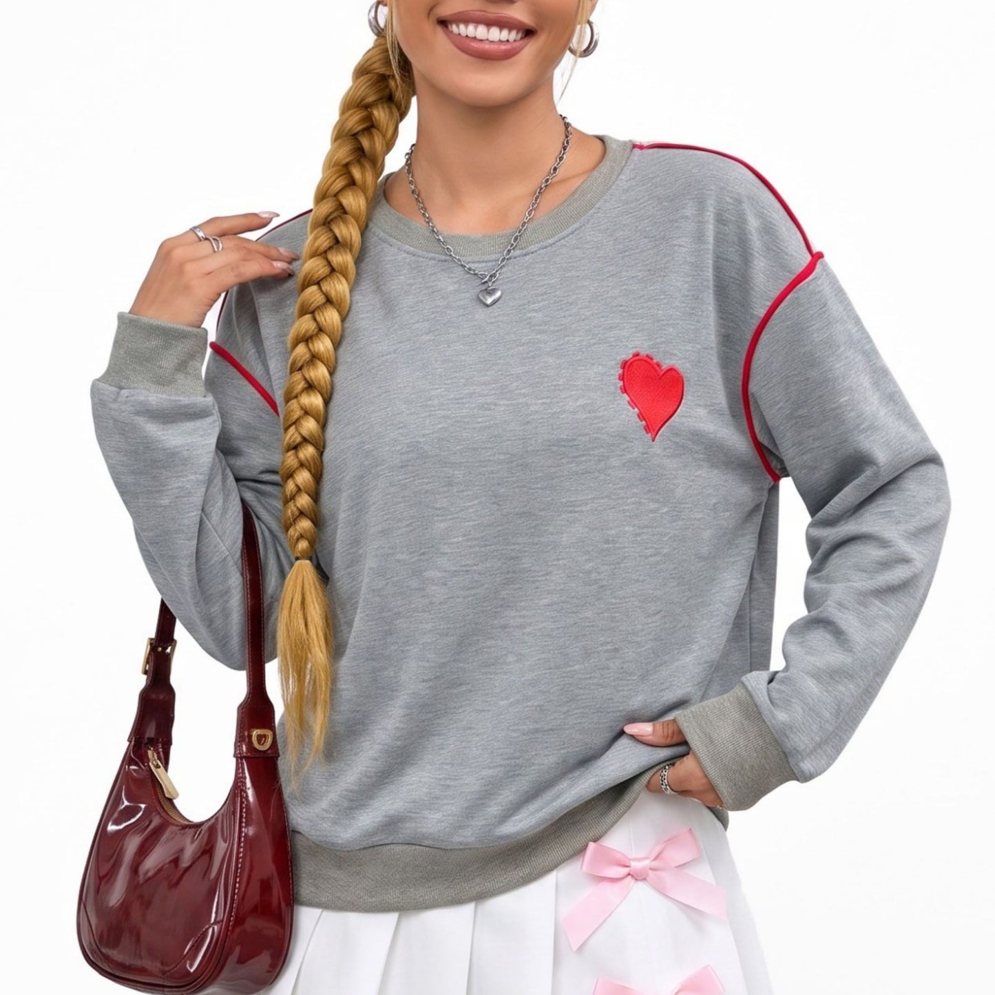 Heart Patch Crew Neck Contrast Trim Relaxed Sweatshirt