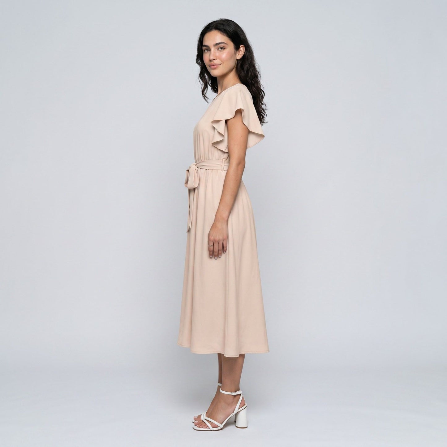 Flutter Sleeve Tie Waist Midi Dress with Round Neckline Flowy A Line Skirt and Soft Gathered Silhouette