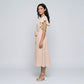 Flutter Sleeve Tie Waist Midi Dress with Round Neckline Flowy A Line Skirt and Soft Gathered Silhouette
