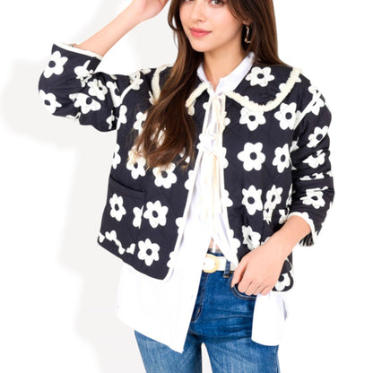 Floral Quilted Jacket with Peter Pan Collar and Tie Closure