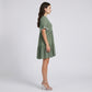 Lace Trim V-Neck Flutter Sleeve Tiered Mini Dress with Gathered Waist and Flowy Relaxed Silhouette
