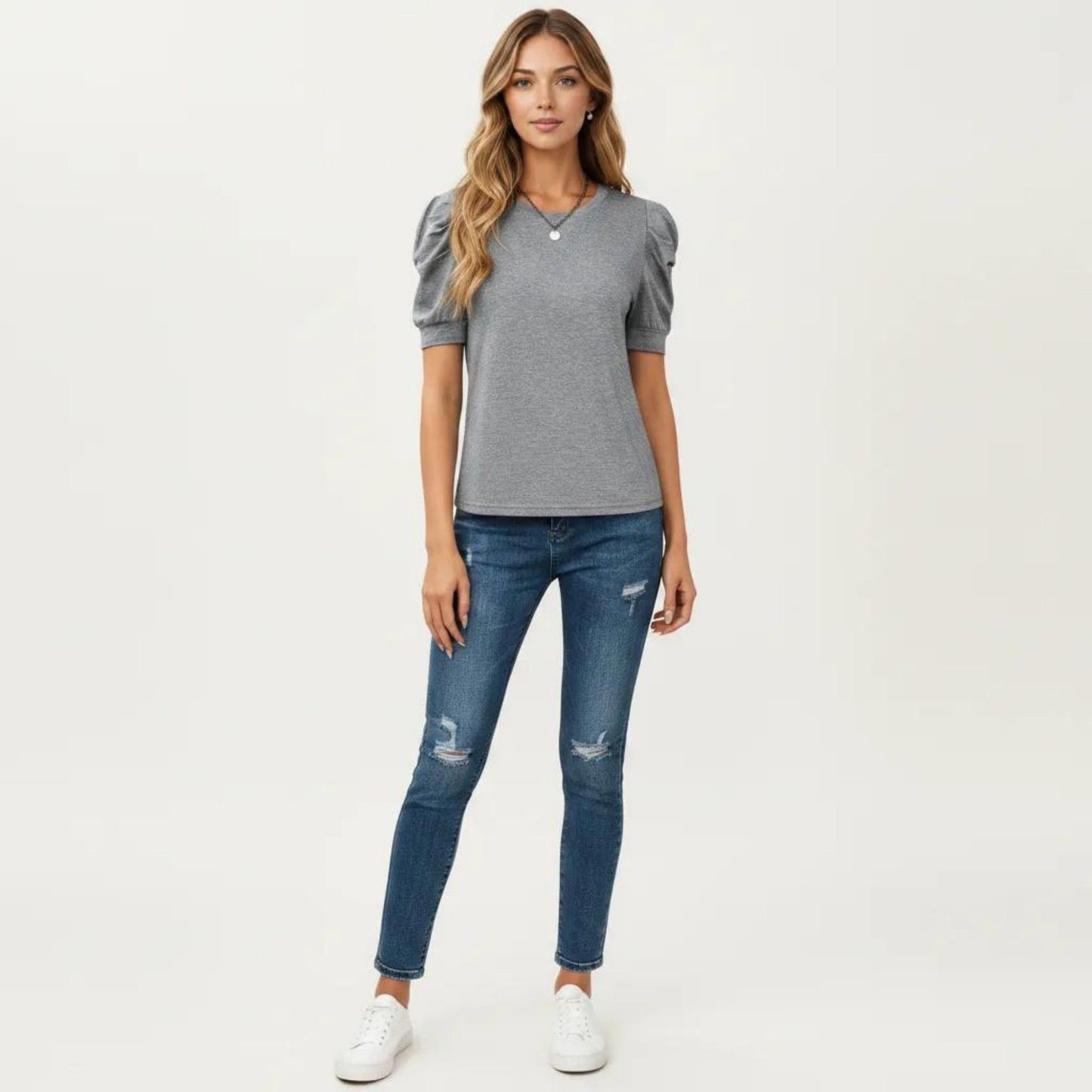 Short Sleeve Puff Sleeve Knit Top with Crew Neck and Soft Textured Fabric