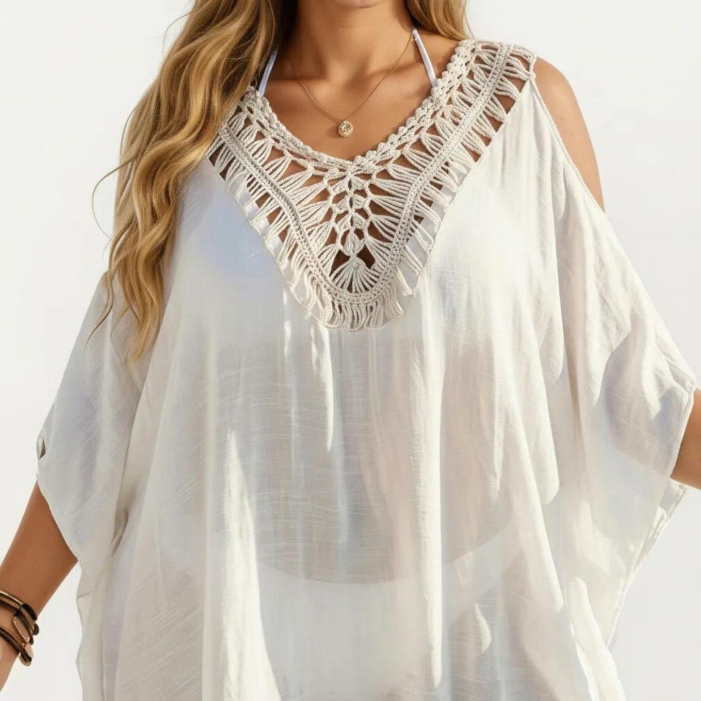 Crochet V Neck Swim Cover Up Dress with Cold Shoulder Sleeves and Relaxed Fit