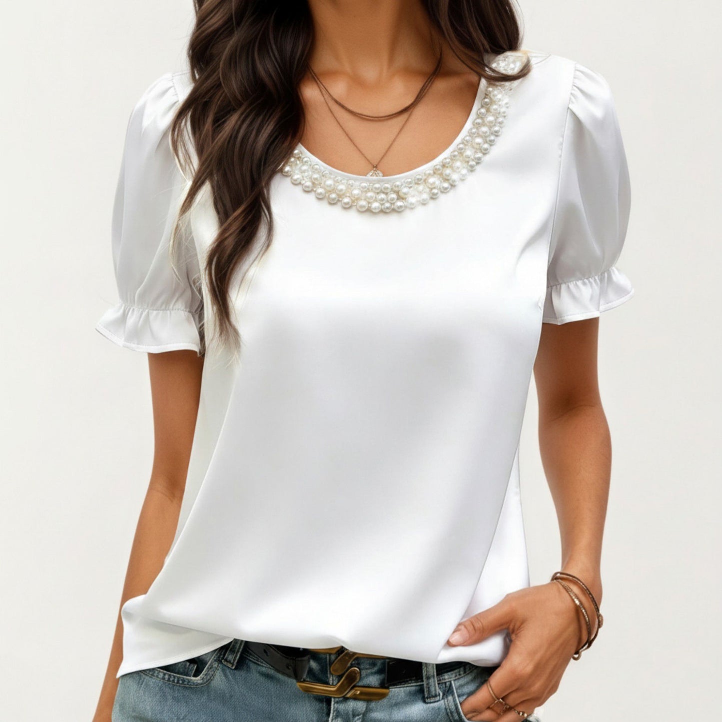 Satin Faux Pearl Neck Top with Puff Sleeves and Smooth Draped Finish