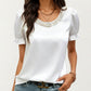 Satin Faux Pearl Neck Top with Puff Sleeves and Smooth Draped Finish