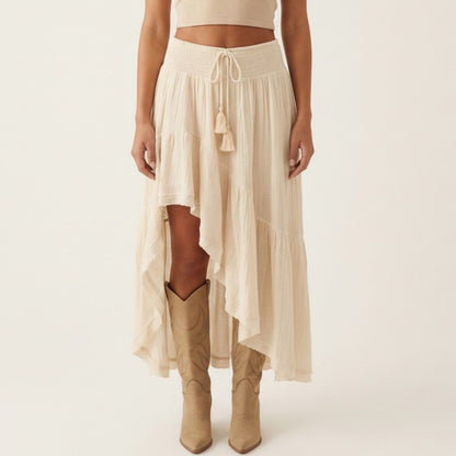 High Low Maxi Skirt Smocked Waist Tassel Tie Flowy Tiered Boho Casual Skirt