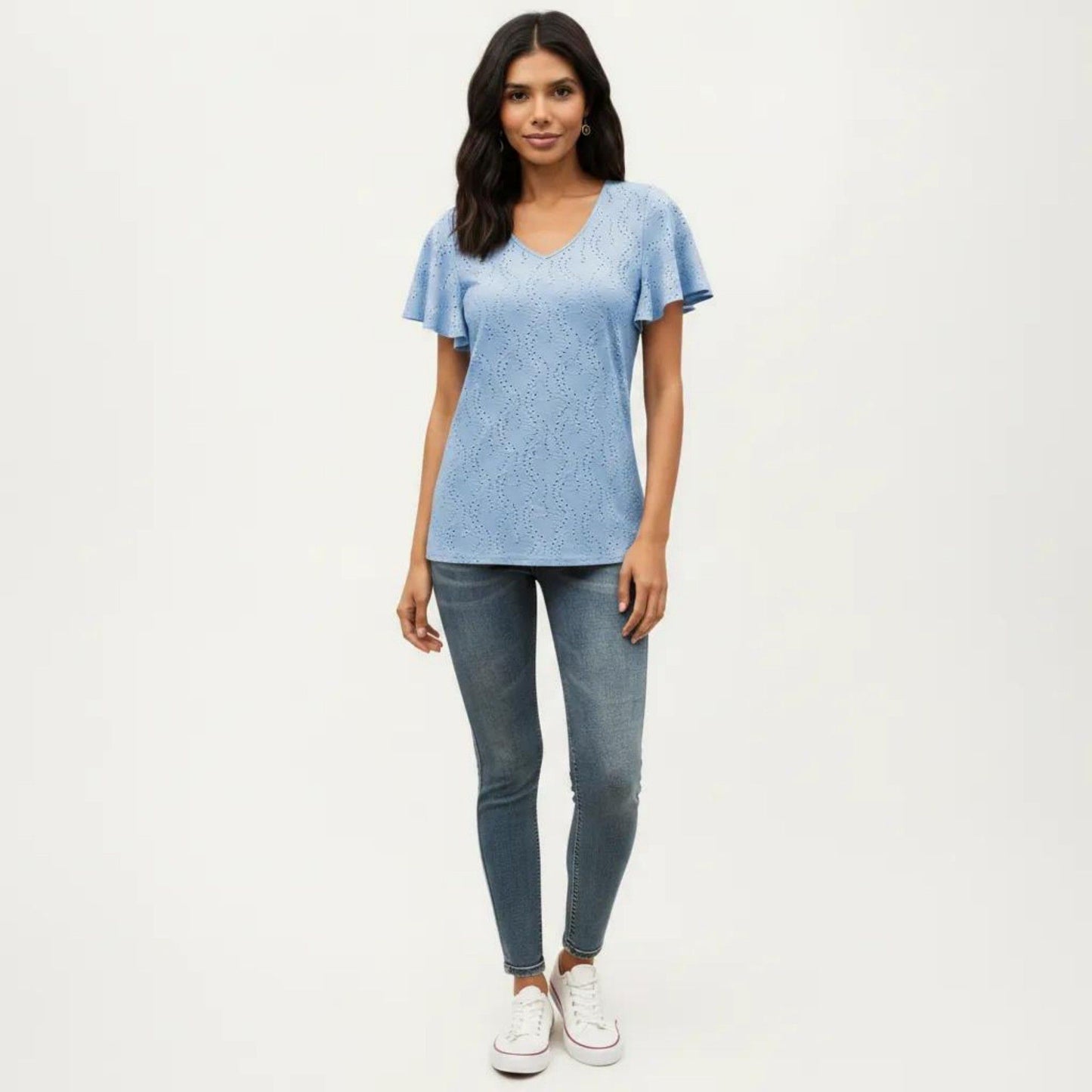 Short Sleeve Eyelet V-Neck Top with Floral Embroidery and Flutter Sleeves