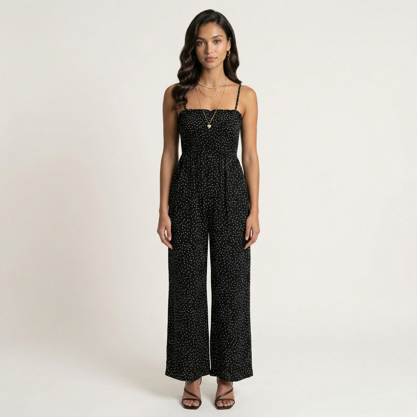 Sleeveless Polka Dot Wide Leg Jumpsuit with Spaghetti Straps Smocked Bodice Relaxed Fit