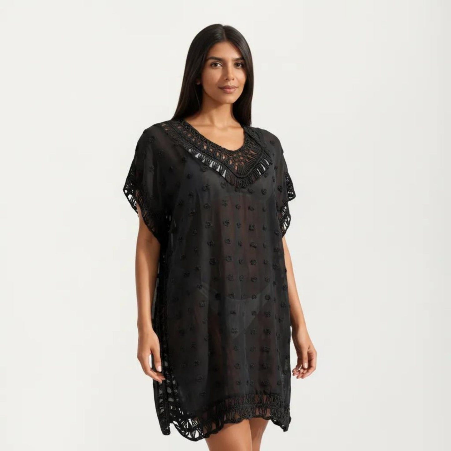 Sheer Crochet Trim Cover Up Dress with Tassel Detail Relaxed Fit and Short Sleeves