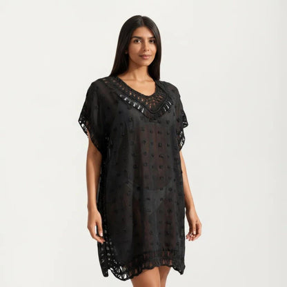 Sheer Crochet Trim Cover Up Dress with Tassel Detail Relaxed Fit and Short Sleeves