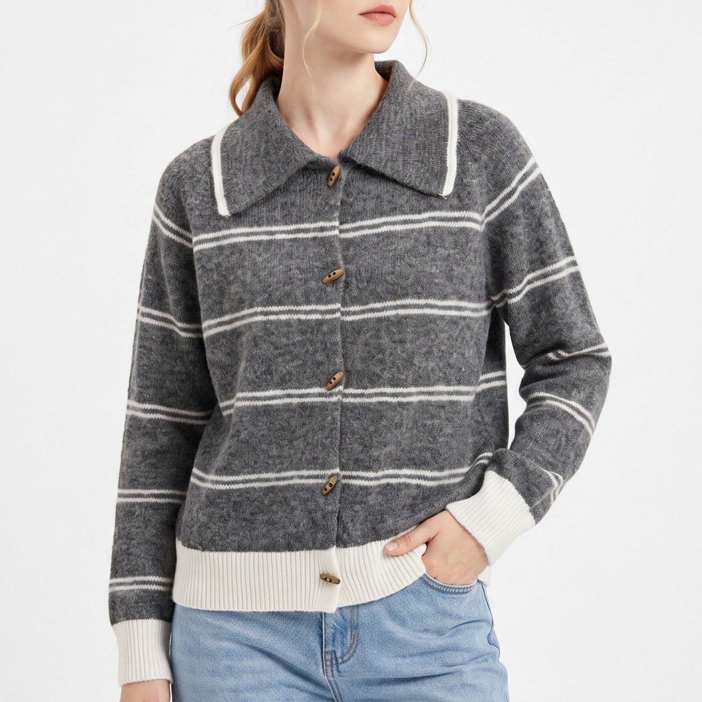 Striped Collared Button-Front Cardigan Sweater