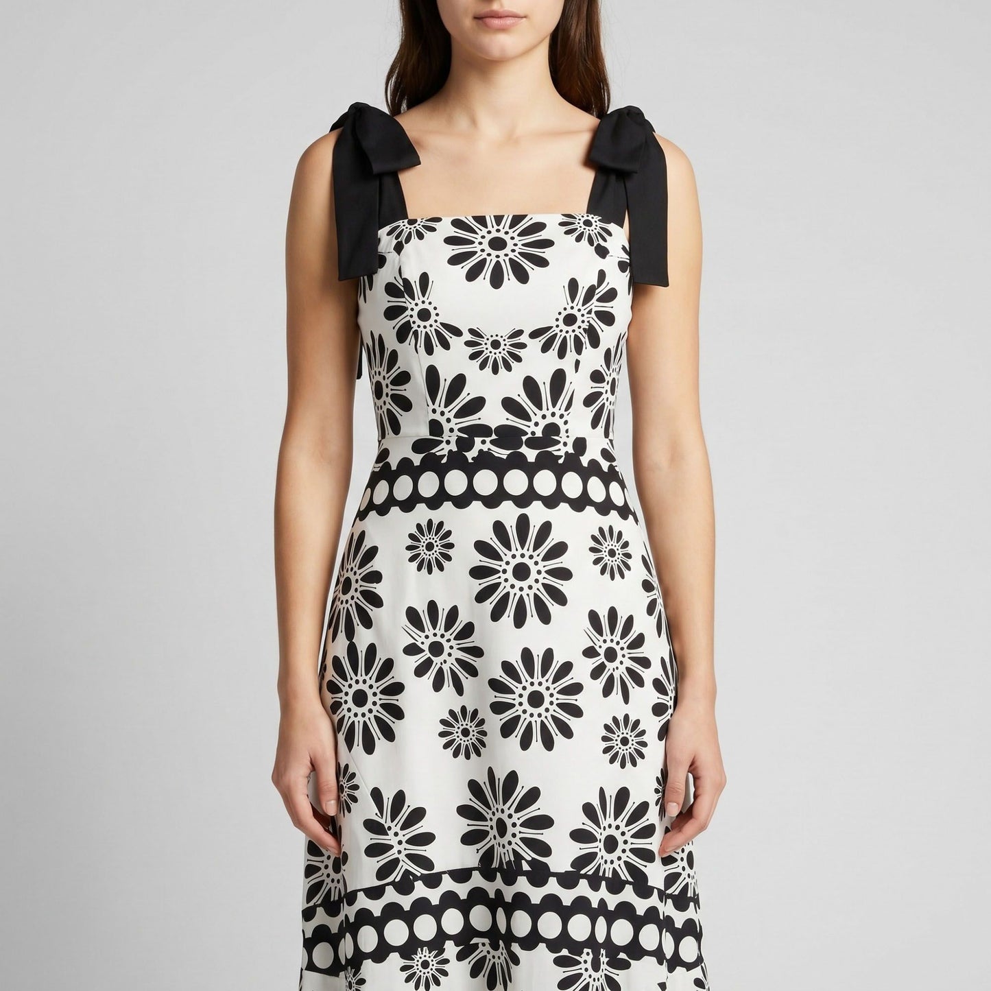 Tie Shoulder Square Neck Midi Dress Black and White Floral Smocked Tiered Sundress
