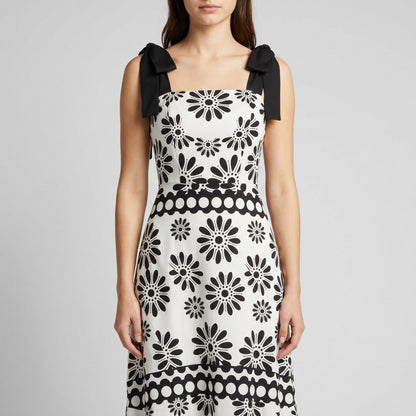 Tie Shoulder Square Neck Midi Dress Black and White Floral Smocked Tiered Sundress