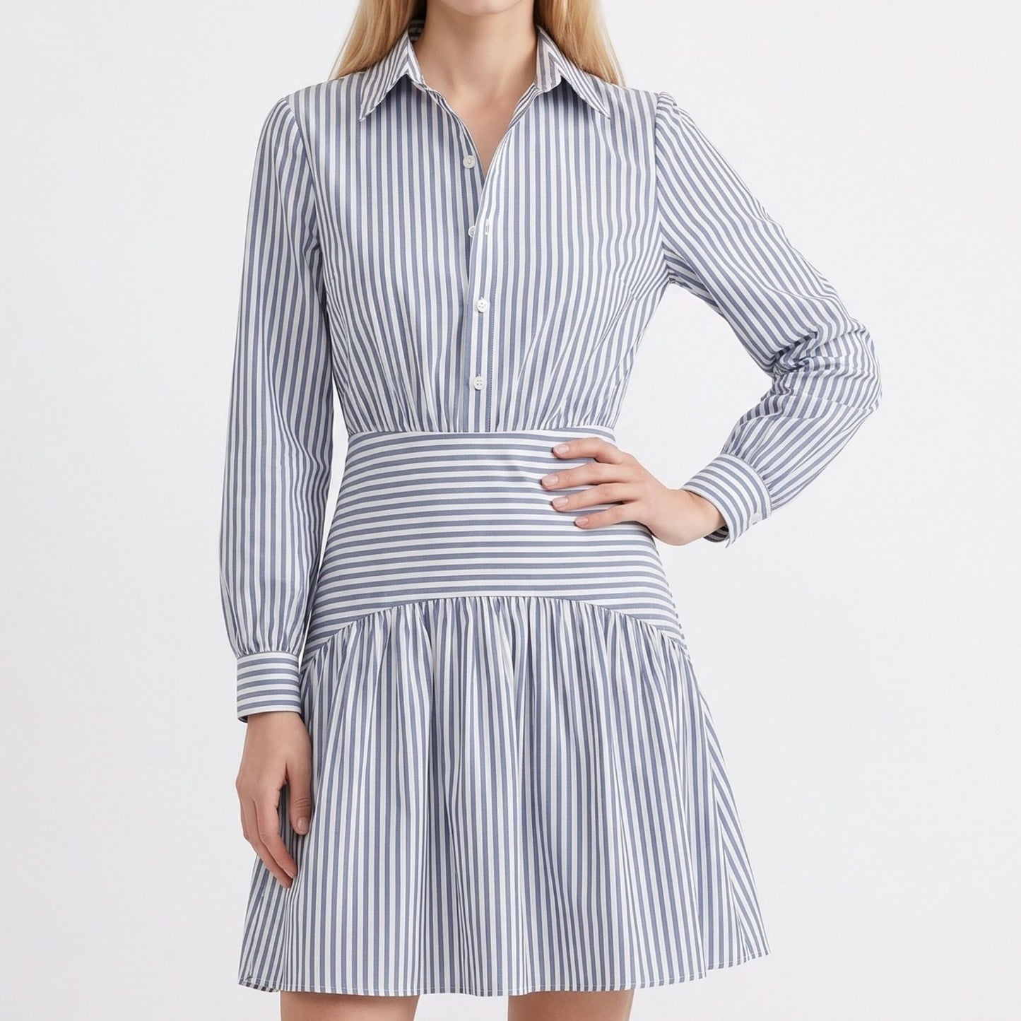 Striped Long Sleeve Collared Shirt Dress with Drop Waist