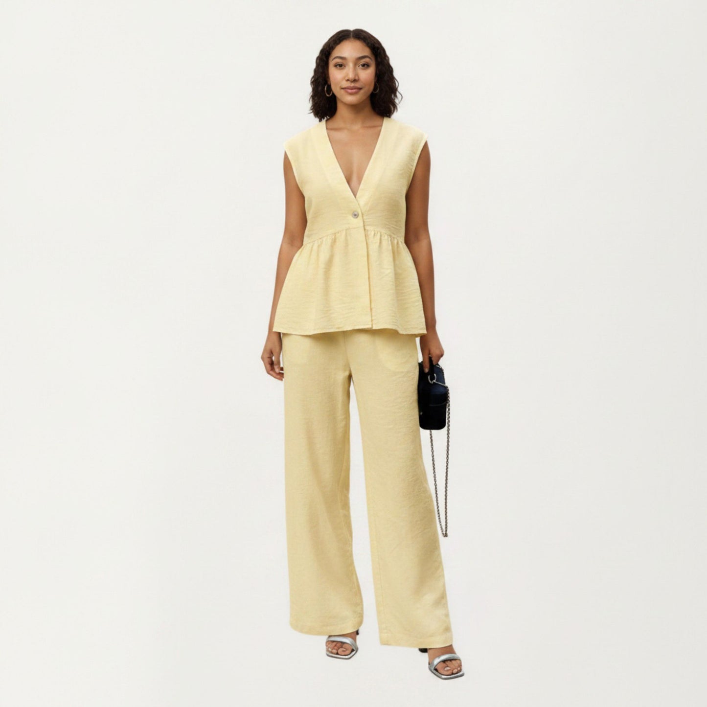 2-Piece Sleeveless V-Neck Peplum Top and Wide Leg Pant Set