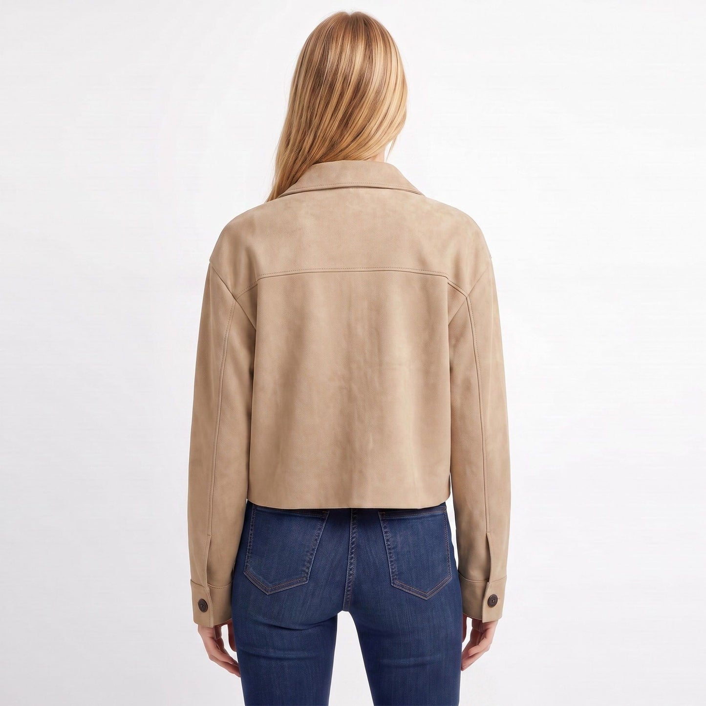 Cropped Button Front Shirt Jacket with Patch Pockets